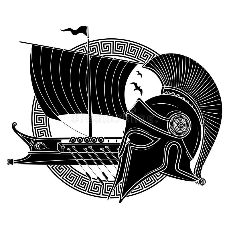 Capacete helênico antigo, galera do navio de navigação do grego clássico - o triera e o ornamento grego meandram