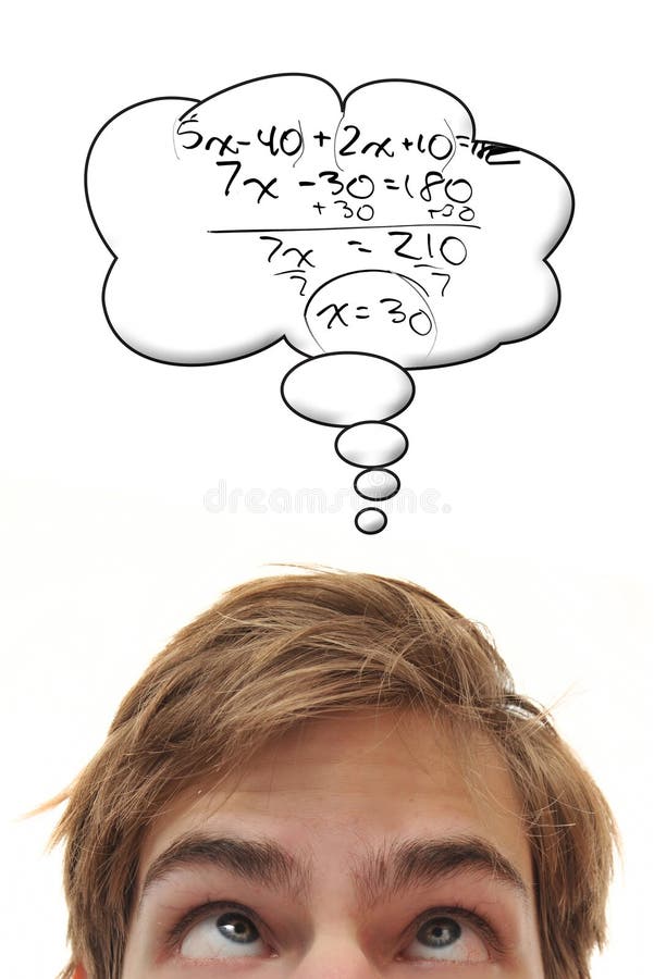 Smart young male white Caucasian student solves a complex algebra math problem, right in his head. Smart young male white Caucasian student solves a complex algebra math problem, right in his head