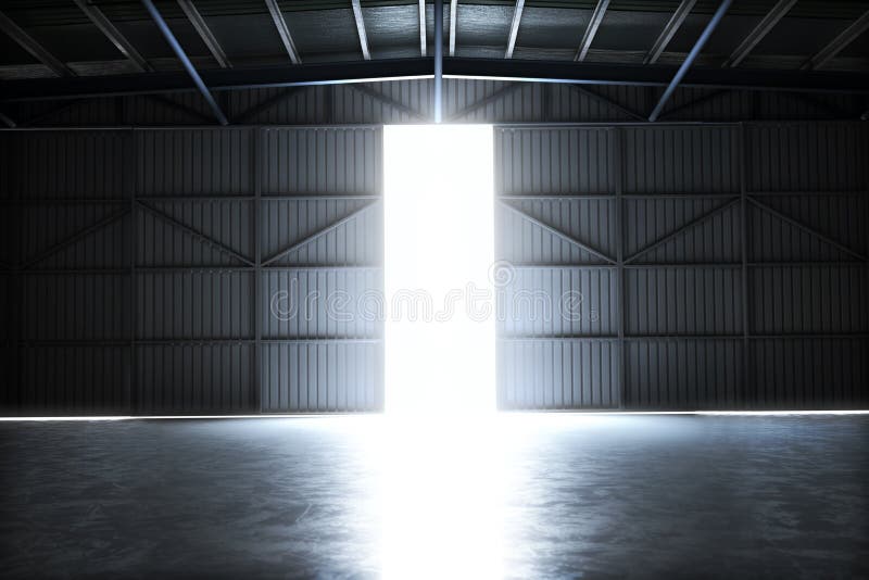 Capannone di costruzione vuoto con la porta aperta con stanza per lo spazio della copia o del testo illustrazione di stock Capannone di costruzione vuoto con la porta aperta con stanza per lo spazio della copia o del testo illustrazione di stock