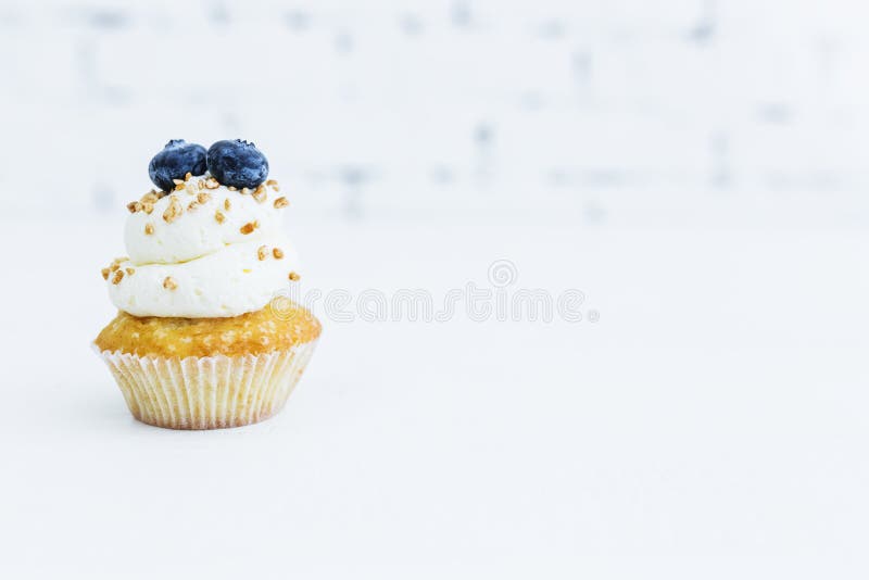 Capcake do mel com creme do mascarpone com mirtilos e porcas fotos de stock Capcake do mel com creme do mascarpone com mirtilos e porcas fotos de stock