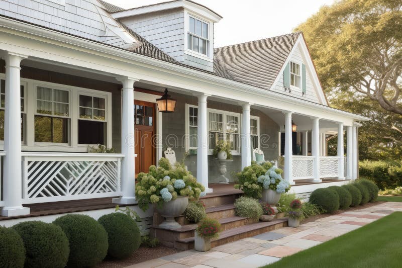 Cape Cod House Exterior with Front Porch and Hanging Lanterns Stock