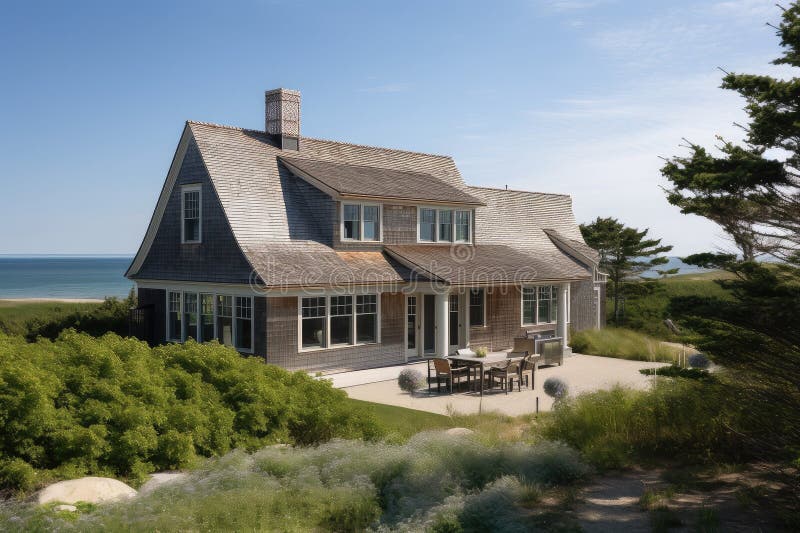 Cape Cod House Exterior, with View of Private Beach and Ocean Beyond