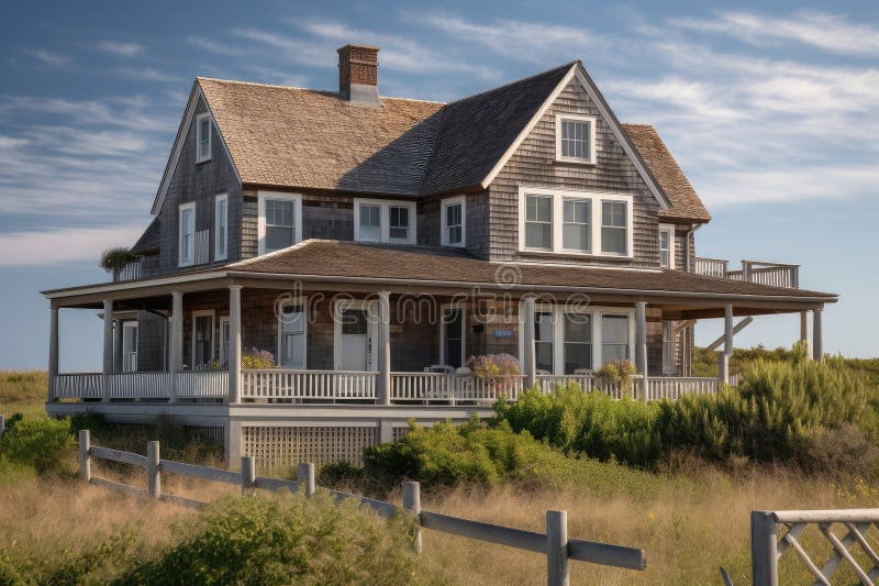 Cape Cod House with Wraparound Porch, Overlooking the Beach Stock