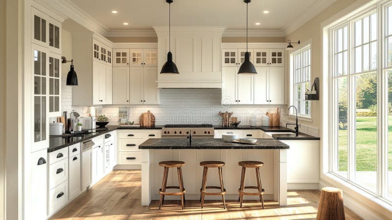 Cape Cod Kitchen with White Cabinetry, Dark Granite Countertops, and Nautical Accents stock image