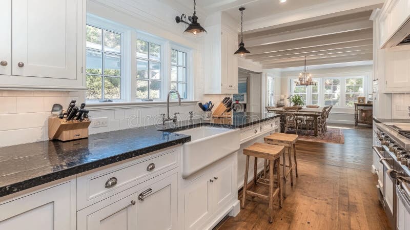 Cape Cod Kitchen with White Cabinetry, Dark Granite Countertops, and Nautical Accents stock photography