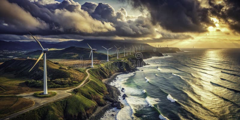 Cape Soyas Parc éolien de Turbine Un point de vue aérien spectaculaire de la production d'énergie côtière de Hokkaidos illustration stock