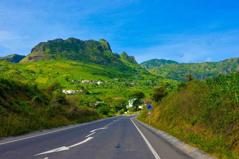 Cape Verde Volcanic Fertile Landscape, Tar Road to Small Rural Town, Fertile Slopes, Volcano Crater royalty free stock image Cape Verde Volcanic Fertile Landscape, Tar Road to Small Rural Town, Fertile Slopes, Volcano Crater royalty free stock image