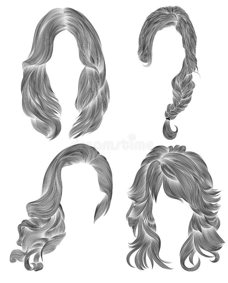 Capelli lunghi stabiliti della donna schizzo nero del disegno a matita lo stile di bellezza di modo delle donne arriccia l'intrec illustrazione di stock