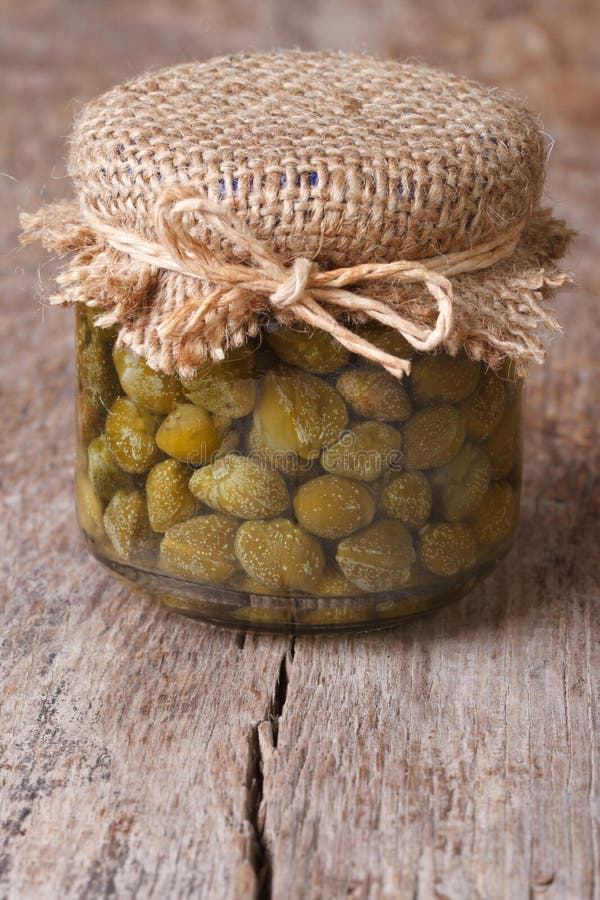 Capers in a Glass Jar on the Old Table, Closeup Stock Image Image of