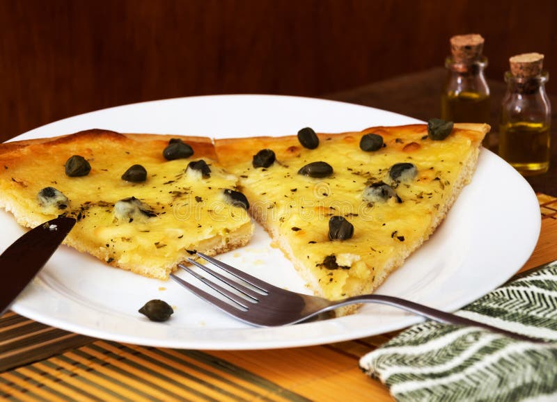 Capers Pizza Slices on a White Plate Stock Image Image of lunch