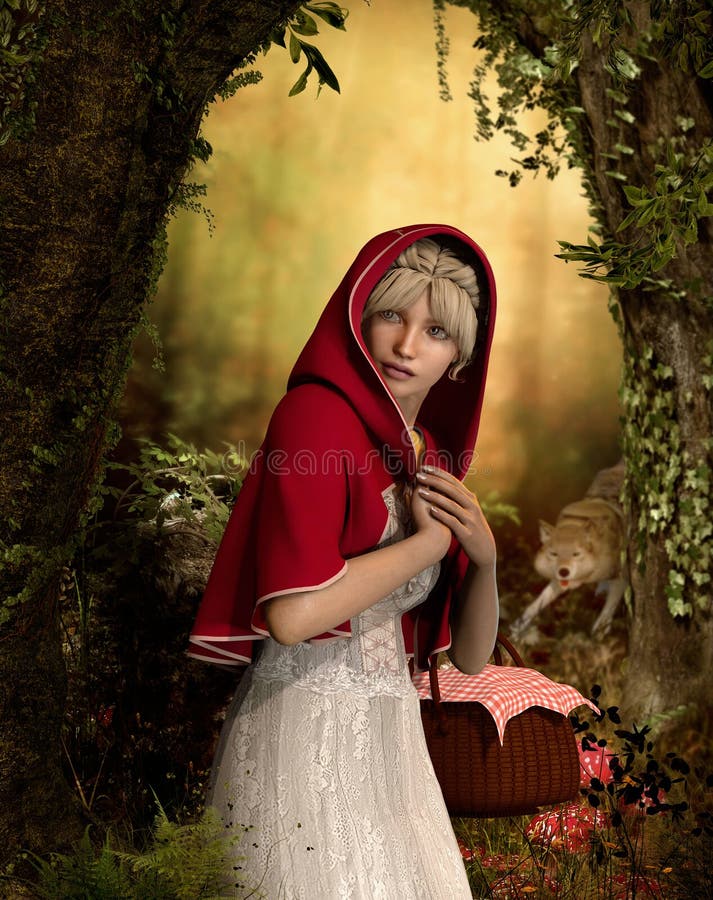 Caperucita, équitation rouge Hood Followed par le loup dans une forêt magique illustration stock