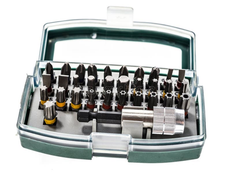 Capi ed accessori differenti del trapano del cacciavite di sicurezza in a immagine stock