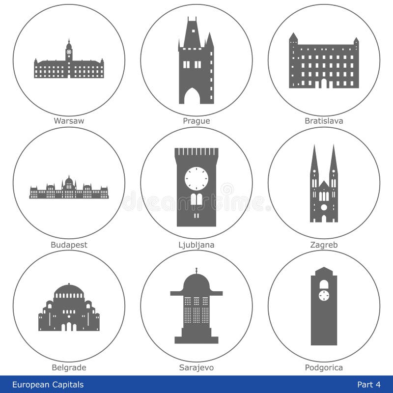 European capitals symbolized by their main landmark building. European capitals symbolized by their main landmark building