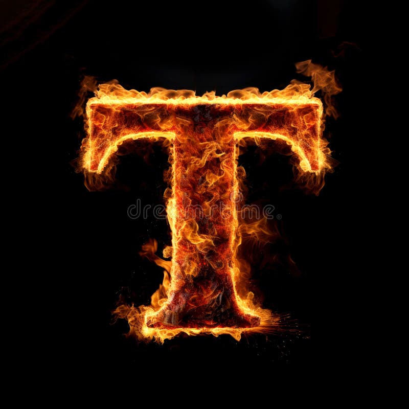 Capital letter T consisting of a flame. Burning letter T. Letter of fire flames alphabet on black background