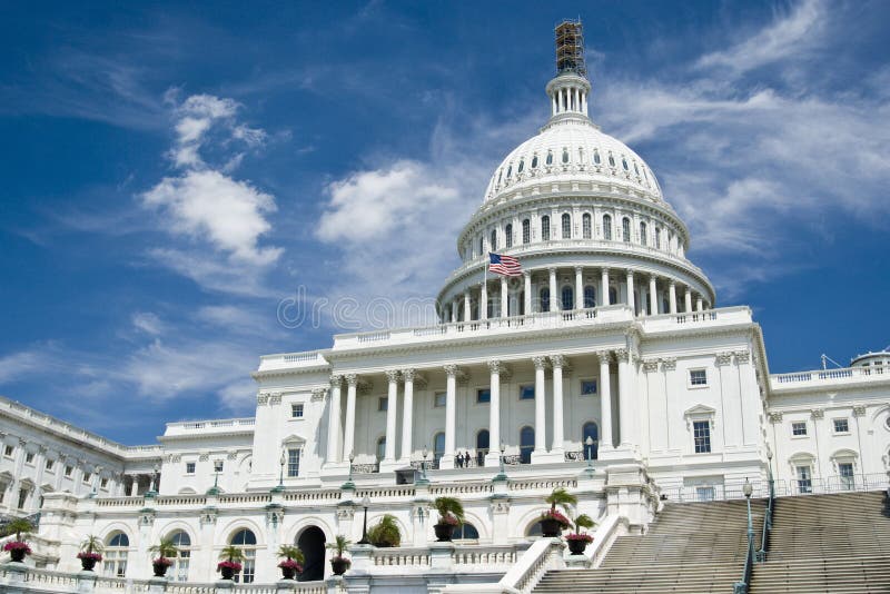 Capitol Hill detailní s schodiště a květy v slunečný den s modrou oblohou Washingtonu 2007