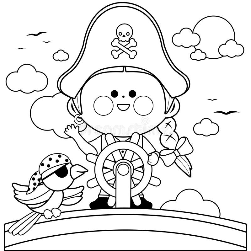 Pirate girl captain sailing on a pirate ship with steering wheel and a parrot. Vector black and white coloring page. Pirate girl captain sailing on a pirate ship with steering wheel and a parrot. Vector black and white coloring page.