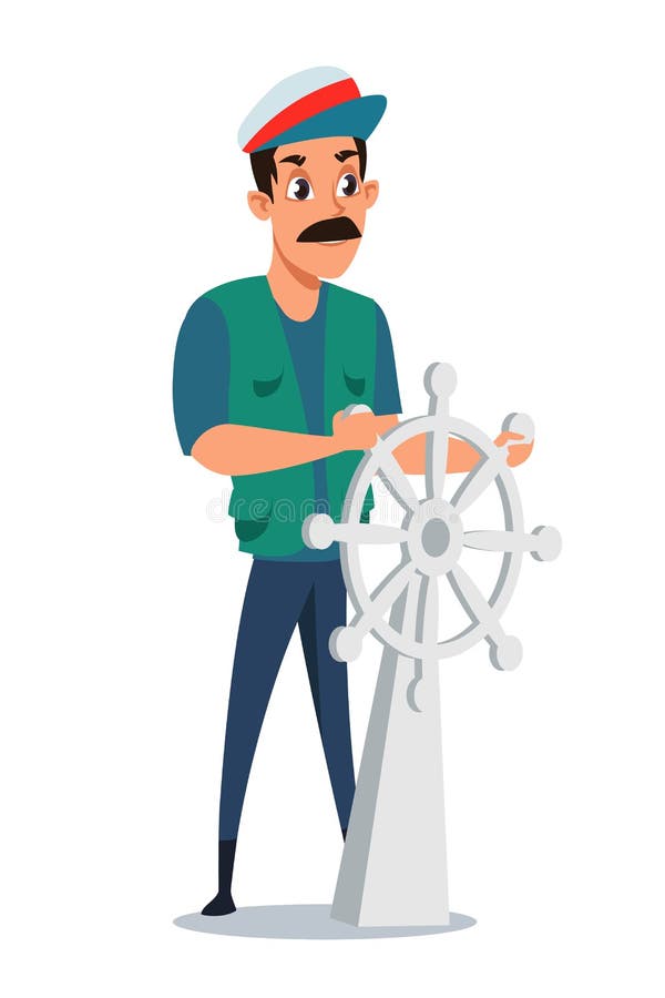 Captain at steering wheel vector illustration. Typical sailor with moustache wearing cap isolated on white background. Ship commander spinning rudder. Brave seaman at captains bridge. Captain at steering wheel vector illustration. Typical sailor with moustache wearing cap isolated on white background. Ship commander spinning rudder. Brave seaman at captains bridge