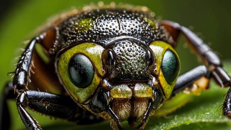 Capo di eleganza : uno sguardo intricato allo scarabeo di elaphrus viridis. Una macro ripresa di una testa di elaphrus viridis beetles, concentrandosi sui suoi dettagli complessi. l'immagine cattura gli scarabei grandi e sfaccettati occhi composti che incollano con una ricca tonalità verde, rivelando la complessità della loro struttura. i potenti mandibole vengono visualizzati in modo visibile, mostrando i loro spigoli vivi e una forma robusta ideale per la presa e il taglio. l'esoscheletro testurizzato lampeggia