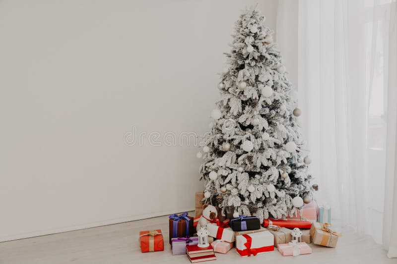 Christmas tree with presents, Garland lights new year 2020. Christmas tree with presents, Garland lights new year 2020