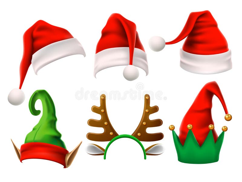 Cappello di festa di Natale Elfo 3d, renna della neve e cappelli divertenti di Santa Claus per noel Insieme di vettore isolato ve