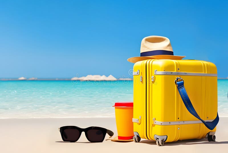Cappello di valigia giallo e occhiali da sole sulla spiaggia. ai generativo illustrazione di stock