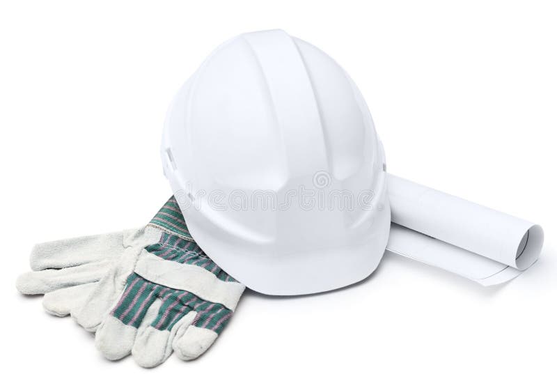 Cappello duro bianco, guanti, druft