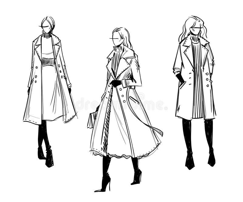 Cappotto di inverno Illustrazione di modo, vettore, schizzo in bianco e nero illustrazione di stock Cappotto di inverno Illustrazione di modo, vettore, schizzo in bianco e nero illustrazione di stock
