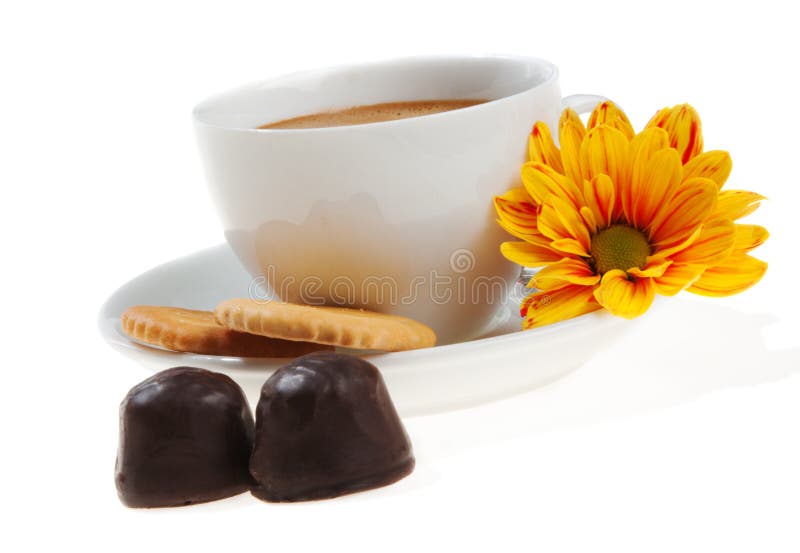 Cappuccino, biscuits, chocolate and flower