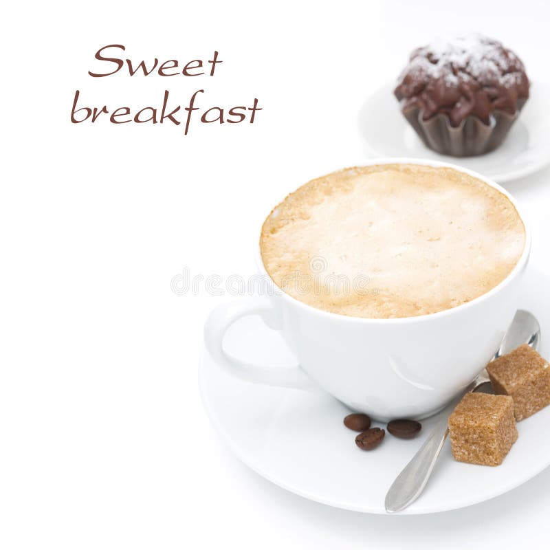 Cappuccino with brown sugar and chocolate cake, isolated