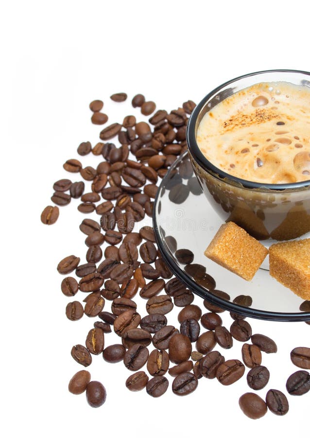 Cup of Cappuccino with Brown Sugar on Coffee Beans Stock Image Image