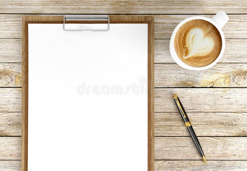 Cappuccino coffee cup with blank papers on clipboard and ballpoint pen, coffee and business background