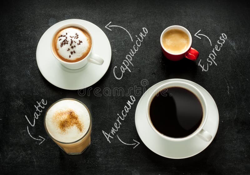 Different kinds of coffee on black chalkboard background. Cappuccino, espresso, americano and latte from above - cafe menu. Different kinds of coffee on black chalkboard background. Cappuccino, espresso, americano and latte from above - cafe menu.