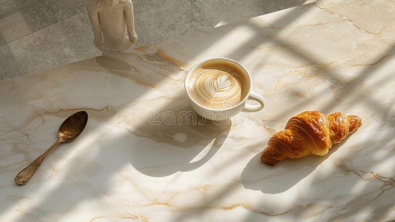 Cappuccino mit Latte Art und Croissant auf einem Marmortisch mit Fensterschatten. Einfache und elegante Frühstücksszene in sanftem lizenzfreie abbildung