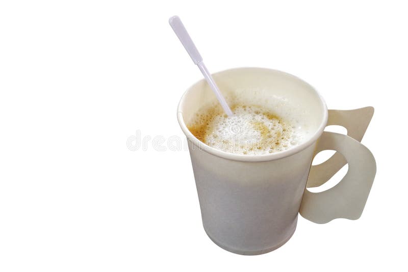 Cappuccino quente do café no copo de café de papel descartável com plasti fotos de stock Cappuccino quente do café no copo de café de papel descartável com plasti fotos de stock