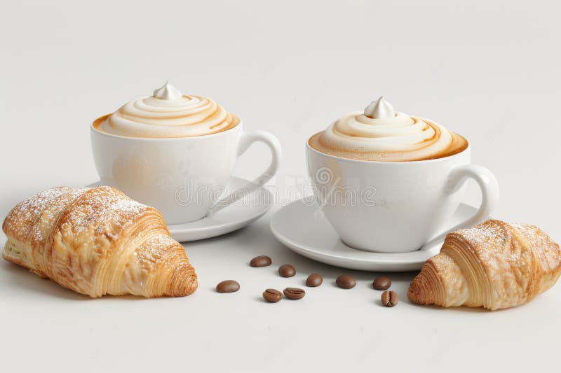 Cappuccino und Croissants auf weißem Hintergrund schaffen ein klassisches und elegantes Frühstücksbuffet stock abbildung