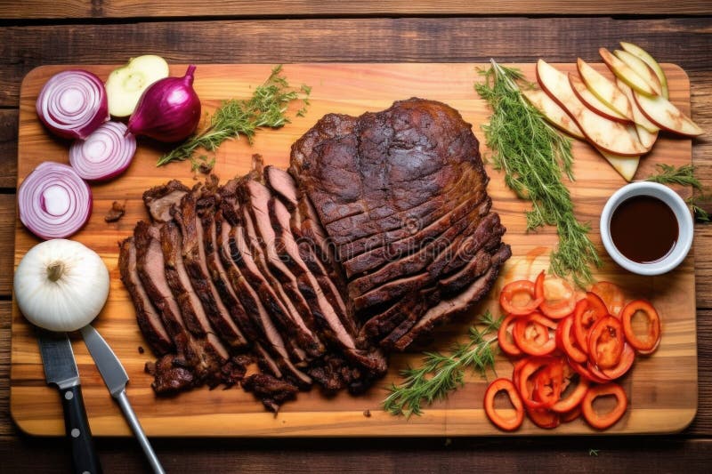 Cappuccio del brisket BQ a fette di plastica sistemato correttamente a bordo royalty illustrazione gratis