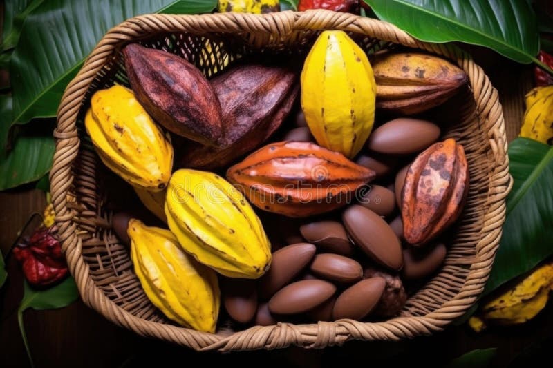 Cappuccio di capsule di cacao non aperte in un cestello illustrazione di stock