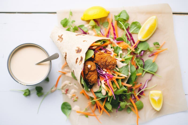 Cappuccio di una confezione di falafel con condimento di tahini illustrazione di stock