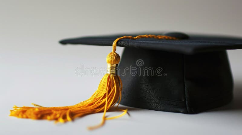 Cappuccio per la graduazione con nappa d'oro su fondo semplice. creato con l'aiuto di strumenti generativi di aiuto.