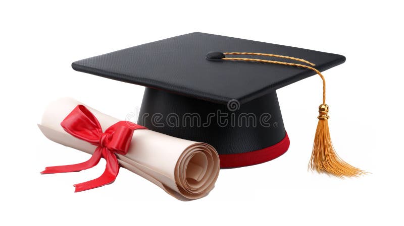 Cappuccio per la graduazione con nappa dorata e pergamena per diploma legato a fondo bianco a nastro rosso. Generative AI generate