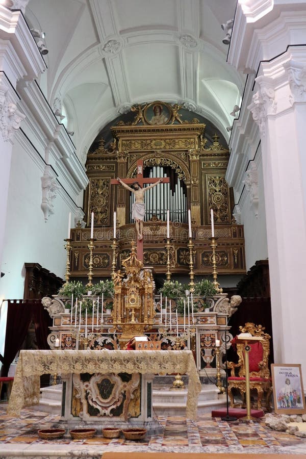 Capri, Campania, Italy - March 13, 2022: Interior of the seventeenth-century church of Santo Stefano in Piazza Umberto I. Capri, Campania, Italy - March 13, 2022: Interior of the seventeenth-century church of Santo Stefano in Piazza Umberto I