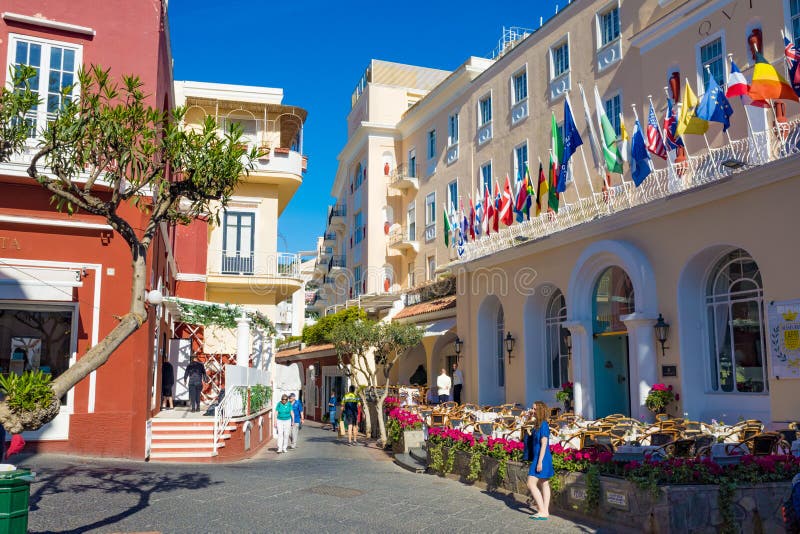 Via Camerelle near Grand Hotel Quisisana in sunny day on Capri Island, Italy