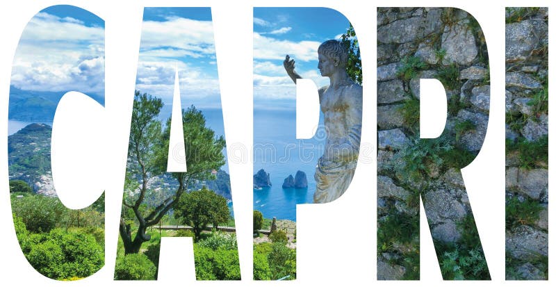 Capri - känt tecken för ö med fotoet i bakgrund på vit stock illustrationer Capri - känt tecken för ö med fotoet i bakgrund på vit stock illustrationer