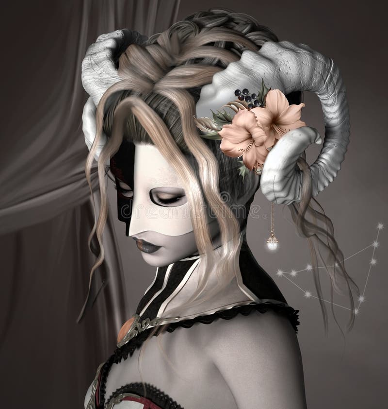 Capricorn as a beautiful woman with bicoloured mask and horns royalty free illustration Capricorn as a beautiful woman with bicoloured mask and horns royalty free illustration