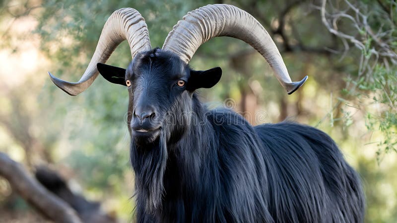 Capră neagră maiestuoasă cu coarne curbate uimitoare în habitat natural stock illustration