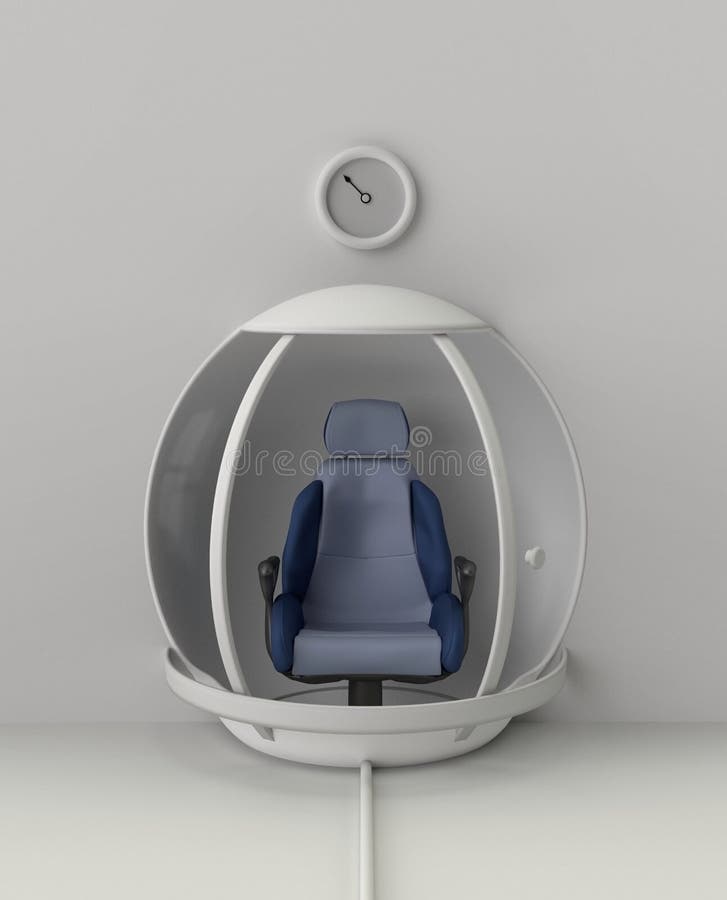 Science-fiction environmental illustration depicting a seat inside a capsule, riminding a time travel or teleportation machine. Science-fiction environmental illustration depicting a seat inside a capsule, riminding a time travel or teleportation machine.