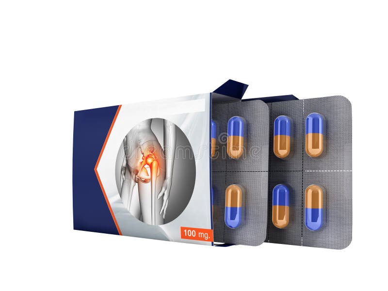 Tablets in a package open two plates with capsules from pain joints blue 3d render on white background no shadow. Capsule is a dosage unit consisting of a hard or soft gelatinous shell containing the encapsulate, one or more active ingredients, with or without adjuvants.