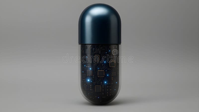 Capsule with intricate circuitry design representing technology and innovation in modern medicine and computing stock illustration