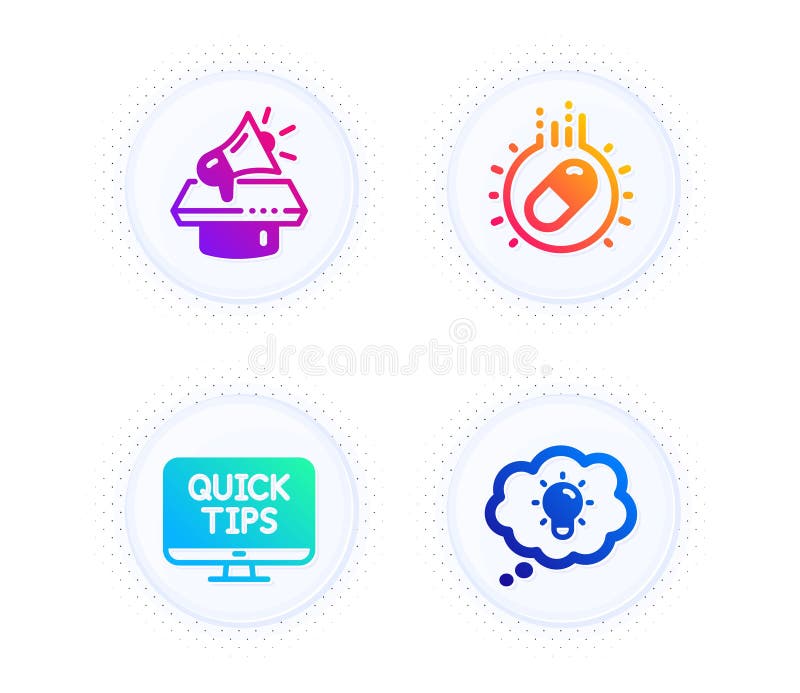Capsule pill, Megaphone and Web tutorials icons set. Energy sign. Vector. Button with halftone dots. Medicine drugs, Brand advertisement, Quick tips. Lightbulb. Business set.