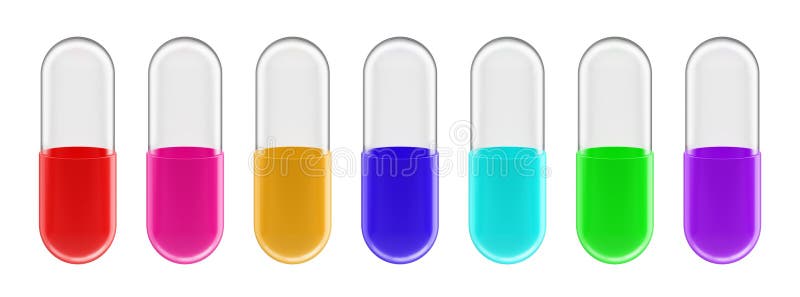 Capsule pill red, pink, yellow, blue, green, purple transparent top. Health care and medical is medicine, pharmacy or vitamins.